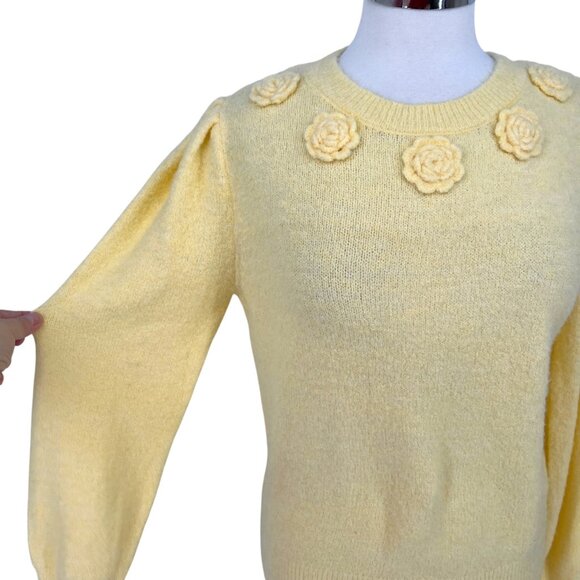 Joie Floral Embellished Puff Sleeve Crewneck Sweater Yellow Size Small - Picture 3 of 9
